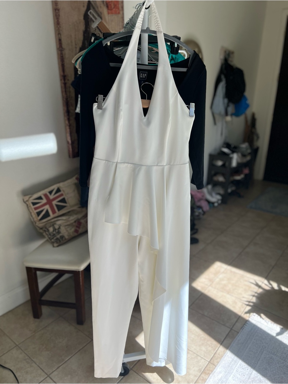 Bebe White Halter Jumpsuit with Peplum Detail